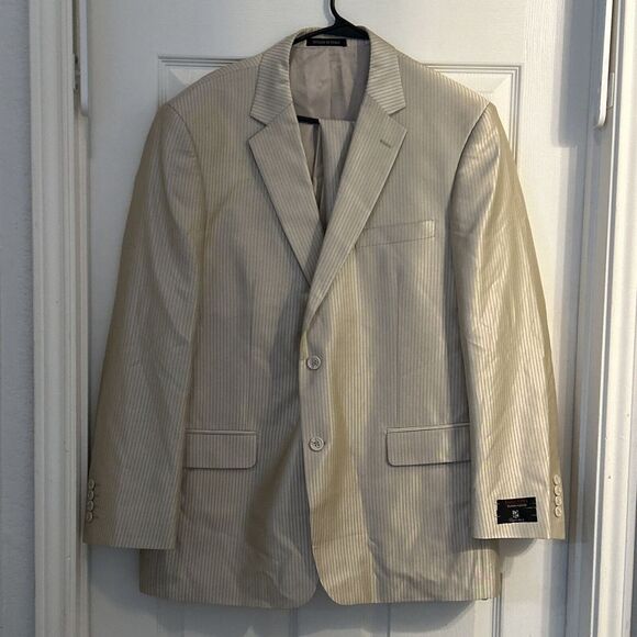 Renoir Mens‎ Dark Gold Striped 2-Piece Suit (Jacket/Pants) 2 Button Coat 44/38 - Picture 1 of 16